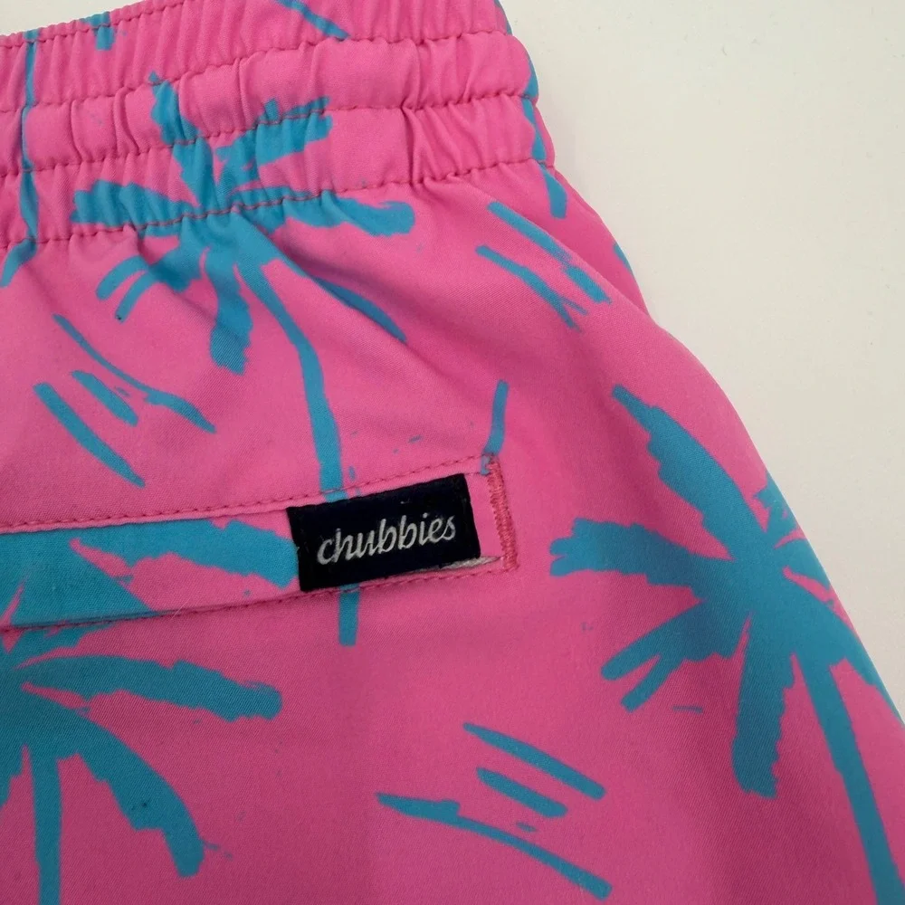 Chubbies Mens Swim Trunks Pink Teal Palm Tree Tropical Board Shorts 7 Inch XL